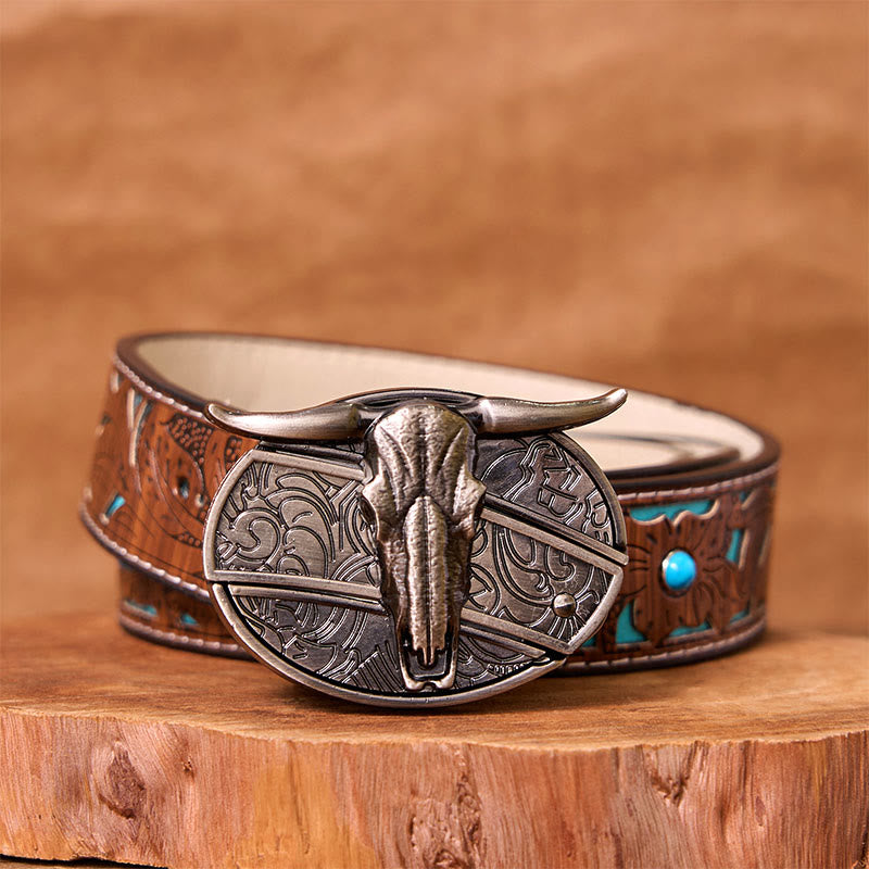 Ceinture en cuir avec boucle vintage western argentée et couteau caché à faire soi-même, tête de taureau
