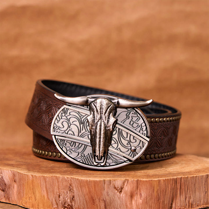 Ceinture en cuir avec boucle vintage western argentée et couteau caché à faire soi-même, tête de taureau