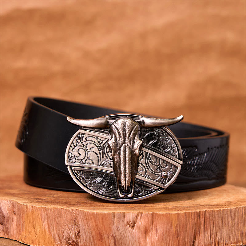 Ceinture en cuir avec boucle vintage western argentée et couteau caché à faire soi-même, tête de taureau