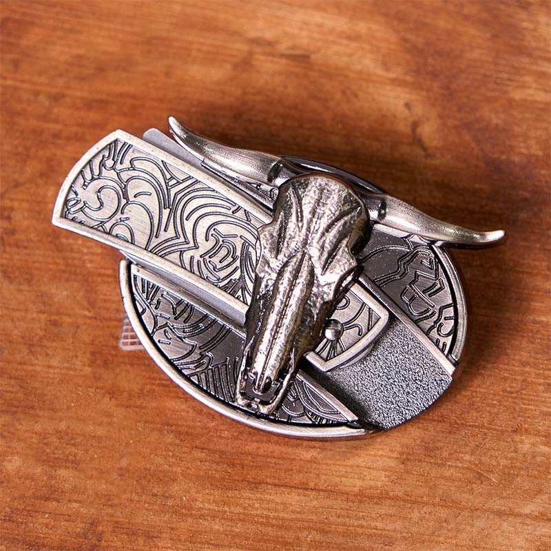 Ceinture en cuir avec boucle vintage western argentée et couteau caché à faire soi-même, tête de taureau