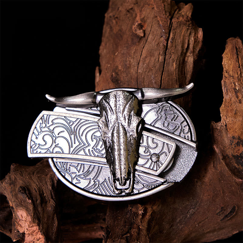 Ceinture en cuir avec boucle vintage western argentée et couteau caché à faire soi-même en forme de tête de taureau - image 1