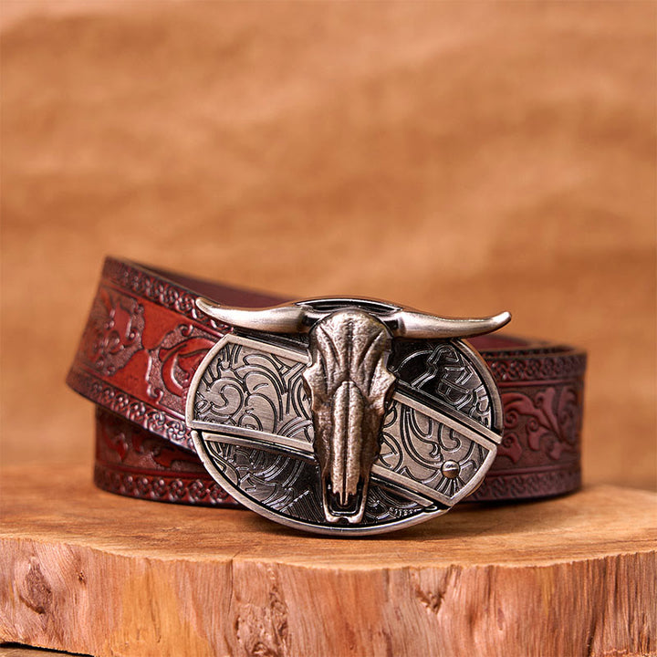 Ceinture en cuir avec boucle vintage western argentée et couteau caché à faire soi-même, tête de taureau
