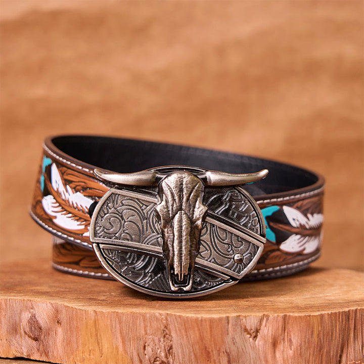 Ceinture en cuir avec boucle vintage western argentée et couteau caché à faire soi-même, tête de taureau