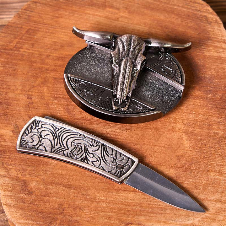 Ceinture en cuir avec boucle vintage western argentée et couteau caché à faire soi-même, tête de taureau