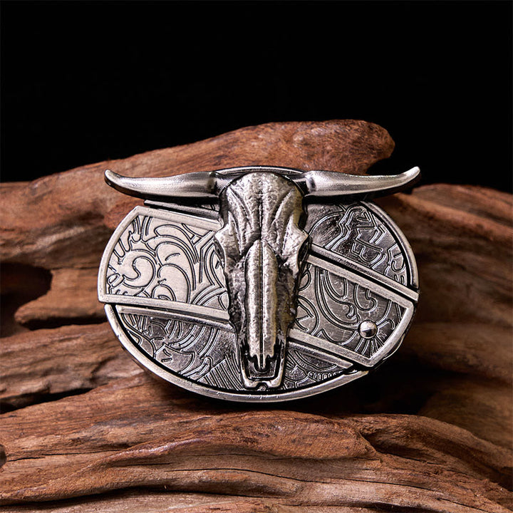 Ceinture en cuir avec boucle vintage western argentée et couteau caché à faire soi-même, tête de taureau