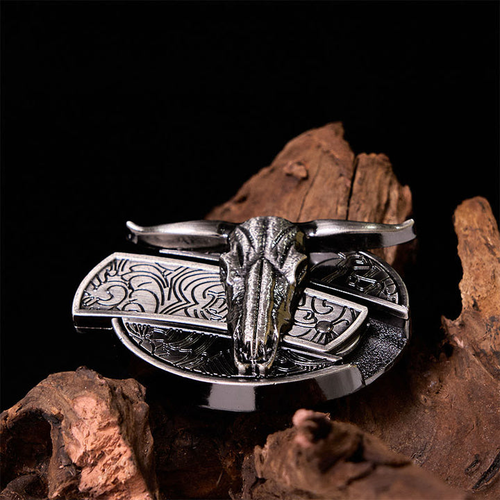 Ceinture en cuir avec boucle vintage western argentée et couteau caché à faire soi-même en forme de tête de taureau - image 2
