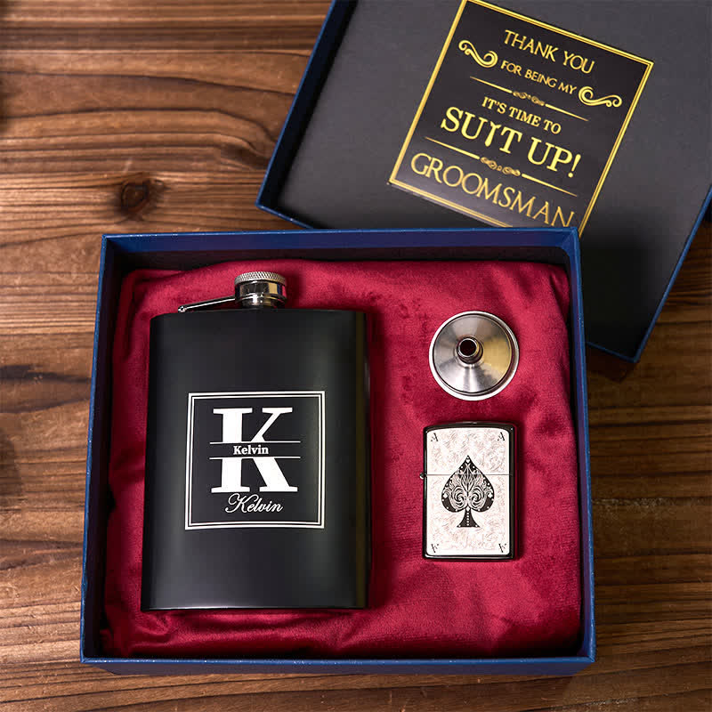 Coffret cadeau pour garçons d'honneur avec briquet ACE of Spades et flacon noir personnalisable 2 pièces