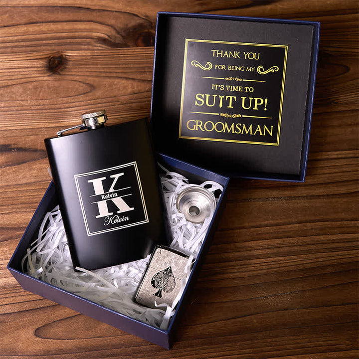 Coffret cadeau pour garçons d'honneur avec briquet ACE of Spades et flacon noir personnalisable 2 pièces