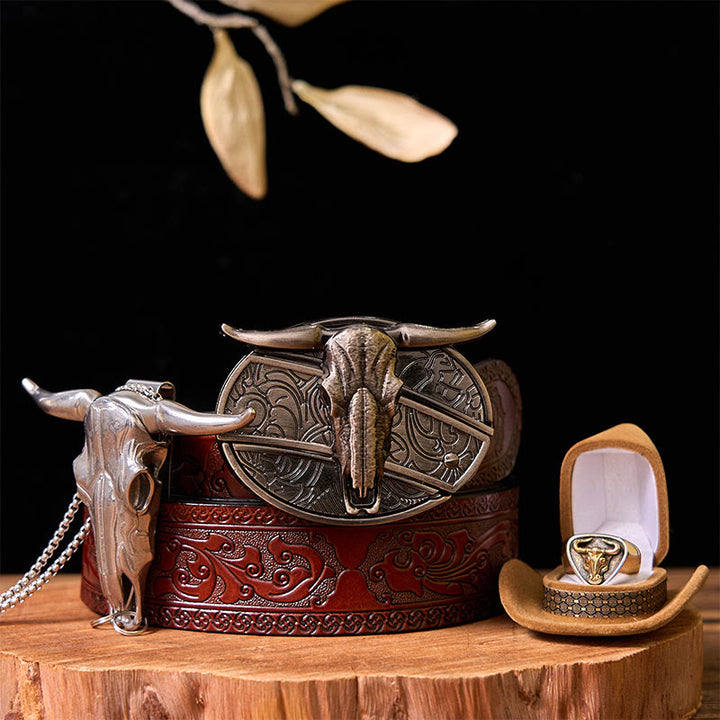 Ensemble de boucles de ceinture à couteau caché et anneau de taureau Western Cow DIY - Taureaux - Ceinture marron sculptée - 42 - image 9