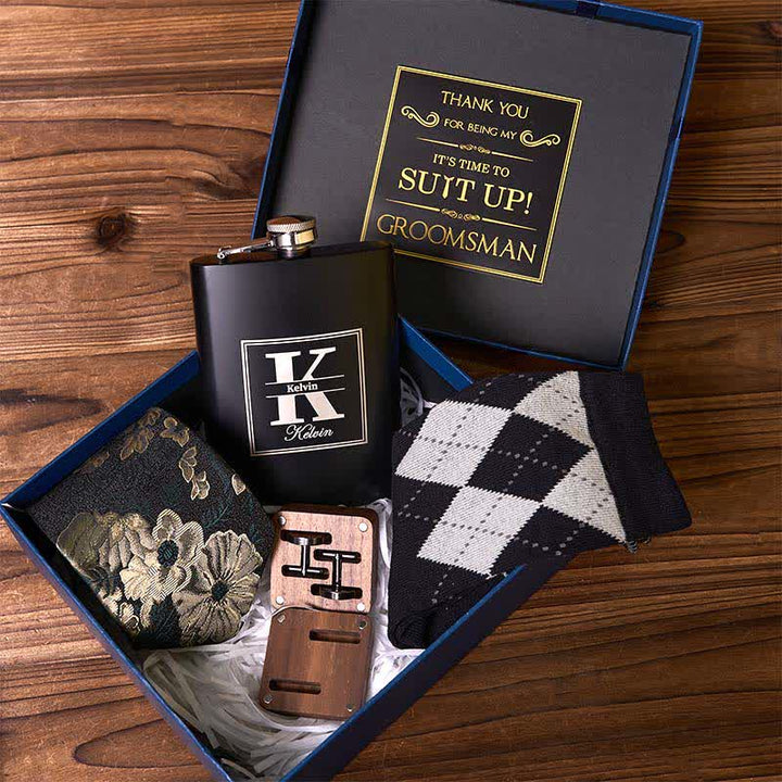 Ensemble de 4 pièces cravate, manchettes, chaussettes, costume, flacon personnalisable, coffret cadeau pour garçons d'honneur