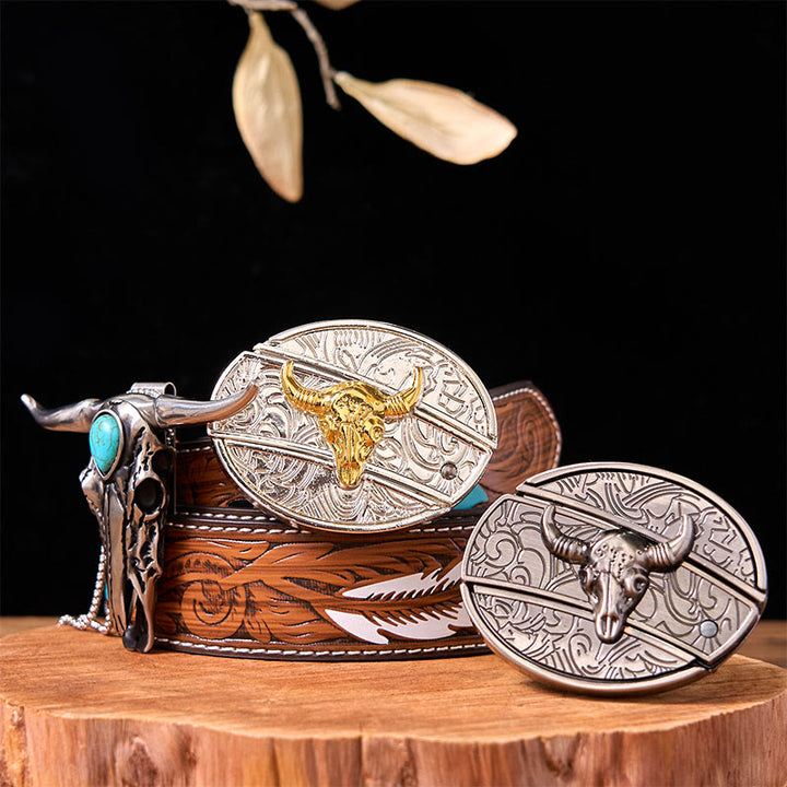 Ensemble de boucles de ceinture en forme de taureau doré et argenté avec pendentif turquoise à corne longue