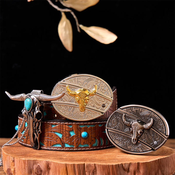 Ensemble de boucles de ceinture en forme de taureau doré et argenté avec pendentif turquoise à corne longue