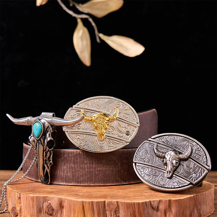 Ensemble de boucles de ceinture en forme de taureau doré et argenté avec pendentif turquoise à corne longue