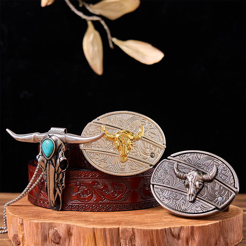 Ensemble de boucles de ceinture en forme de taureau doré et argenté avec pendentif turquoise à corne longue