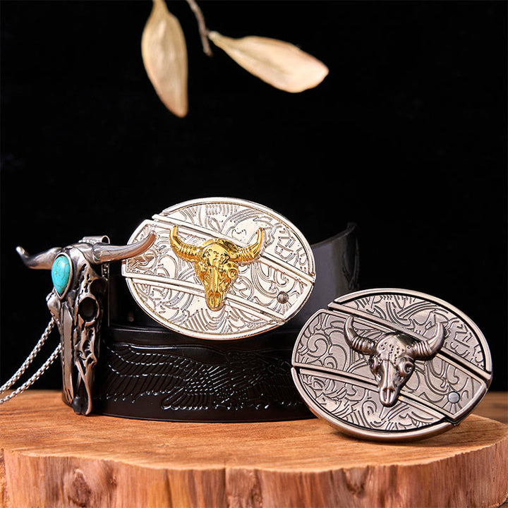 Ensemble de boucles de ceinture en forme de taureau doré et argenté avec pendentif turquoise à corne longue