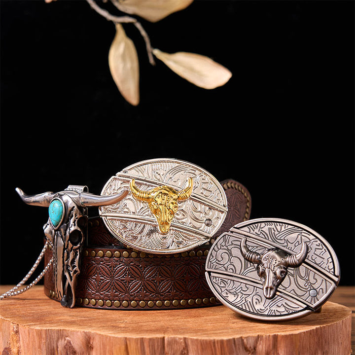 Ensemble de boucles de ceinture en forme de taureau doré et argenté avec pendentif turquoise à corne longue