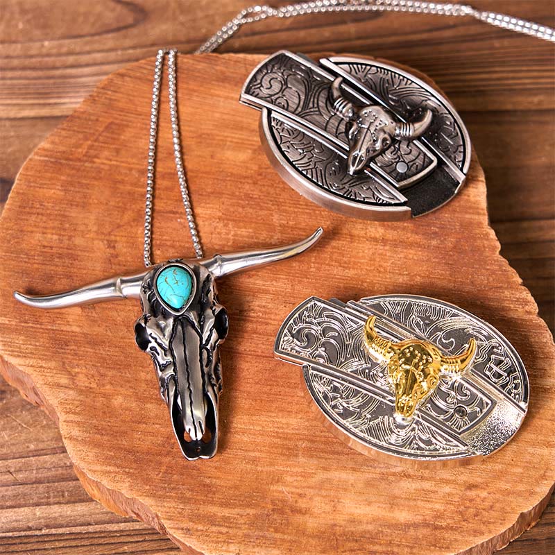 Ensemble de boucles de ceinture en forme de taureau doré et argenté avec pendentif turquoise à corne longue