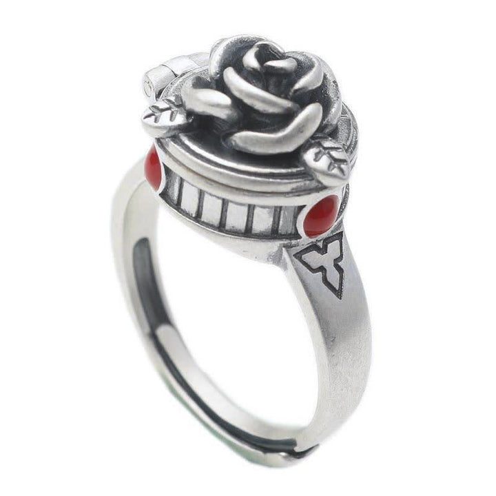 Bague ajustable en forme de fleur de rose avec compartiment caché