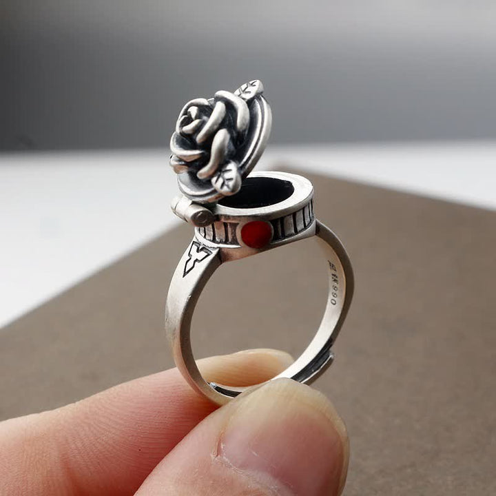 Bague ajustable en forme de fleur de rose avec compartiment caché - Argent - image 0