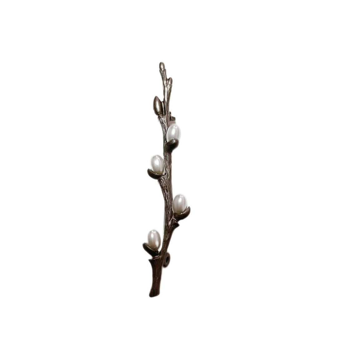 Broche branche vintage en alliage de perles de bois