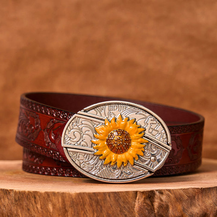 Ceinture en cuir à boucle western pour homme, motif tournesol coloré, couteau caché (prévente)