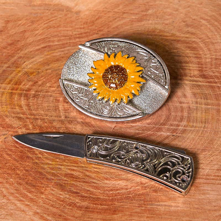 Ceinture en cuir à boucle western pour homme, motif tournesol coloré, couteau caché (prévente)