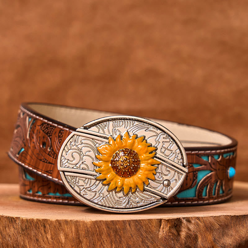 Ceinture en cuir à boucle western pour homme, motif tournesol coloré, couteau caché (prévente)