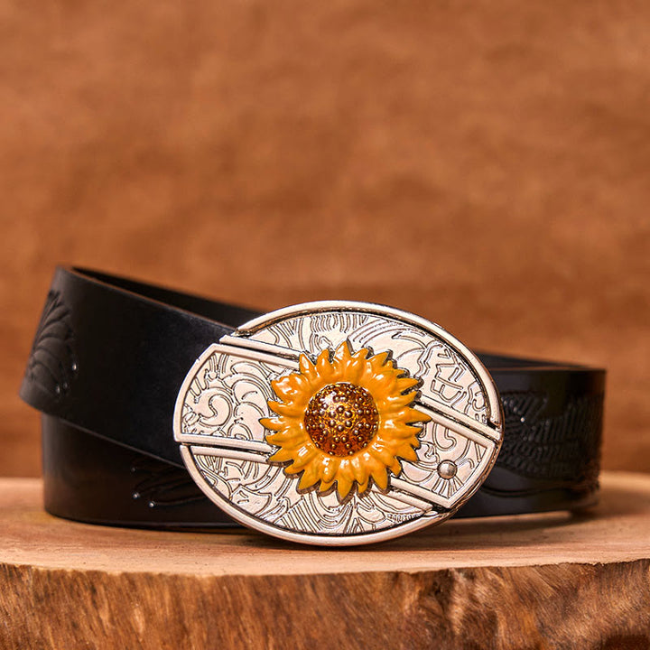 Ceinture en cuir à boucle western pour homme, motif tournesol coloré, couteau caché (prévente)