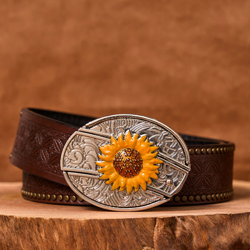 Ceinture en cuir à boucle western pour homme, motif tournesol coloré, couteau caché (prévente)