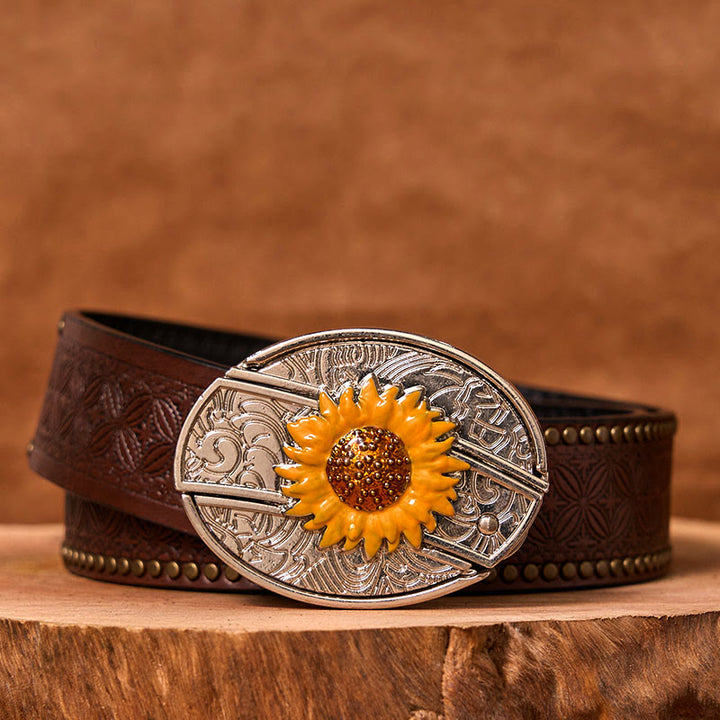 Ceinture en cuir à boucle western pour homme, motif tournesol coloré, couteau caché (prévente)