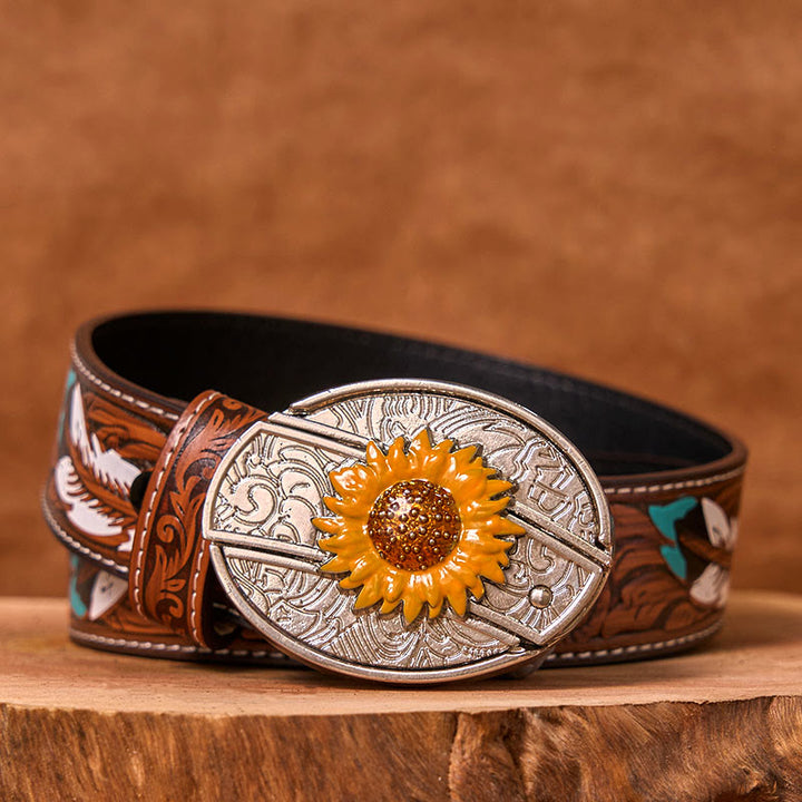 Ceinture en cuir à boucle western pour homme, motif tournesol coloré, couteau caché (prévente)