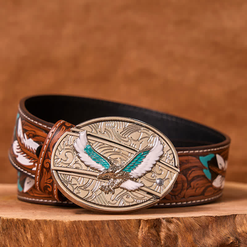 Ceinture en cuir pour homme avec couteau pliant caché et motif aigle volant bleu et blanc