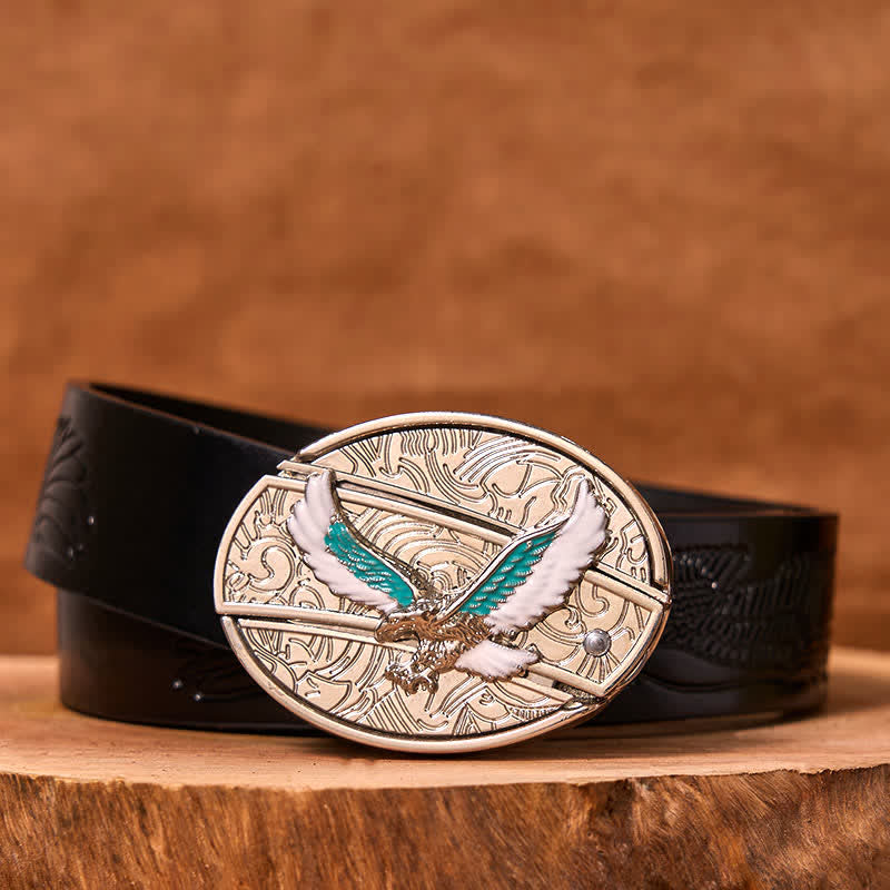 Ceinture en cuir pour homme avec couteau pliant caché et motif aigle volant bleu et blanc
