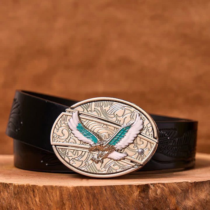 Ceinture en cuir pour homme avec couteau pliant caché et motif aigle volant bleu et blanc
