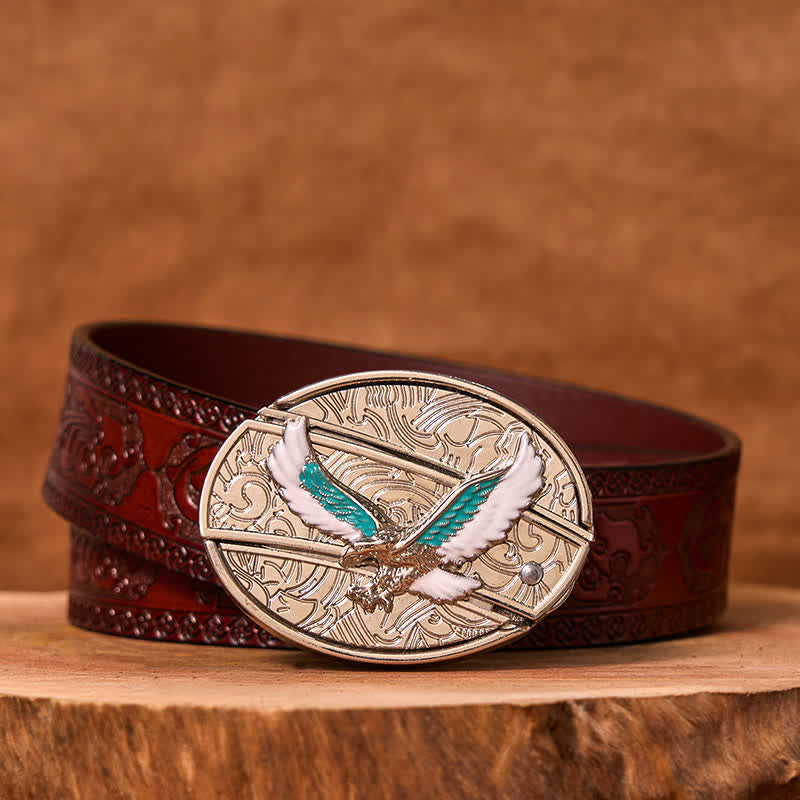 Ceinture en cuir pour homme avec couteau pliant caché et motif aigle volant bleu et blanc