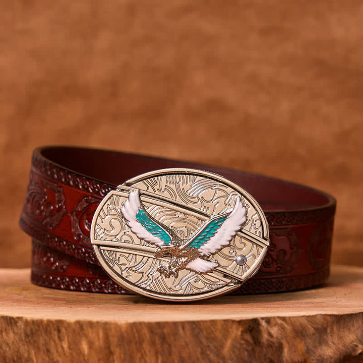 Ceinture en cuir pour homme avec couteau pliant caché et motif aigle volant bleu et blanc