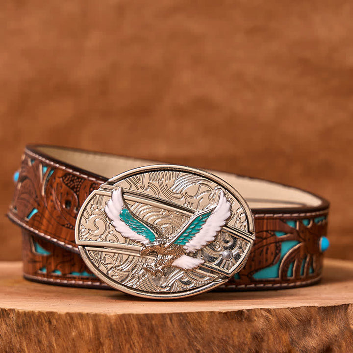 Ceinture en cuir pour homme avec couteau pliant caché et motif aigle volant bleu et blanc
