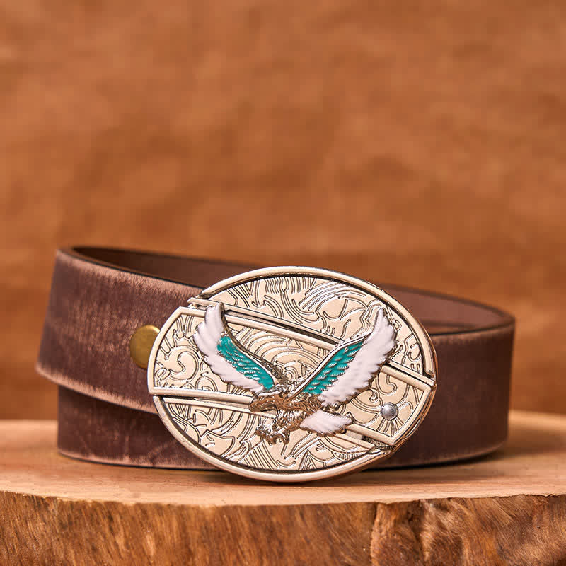 Ceinture en cuir pour homme avec couteau pliant caché et motif aigle volant bleu et blanc