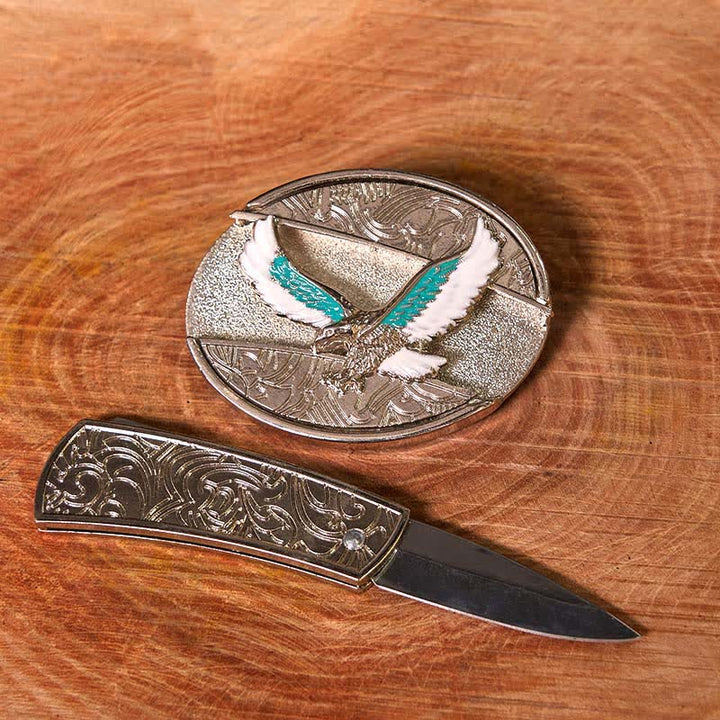 Ceinture en cuir pour homme avec couteau pliant caché et motif aigle volant bleu et blanc