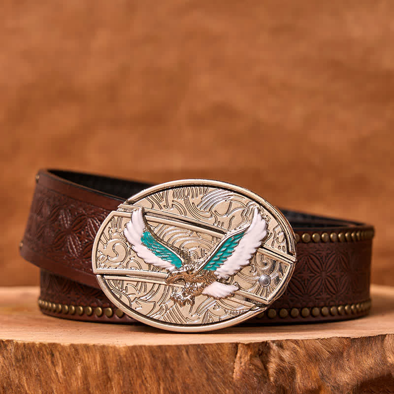 Ceinture en cuir pour homme avec couteau pliant caché et motif aigle volant bleu et blanc