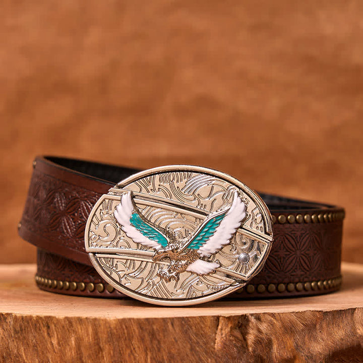 Ceinture en cuir pour homme avec couteau pliant caché et motif aigle volant bleu et blanc