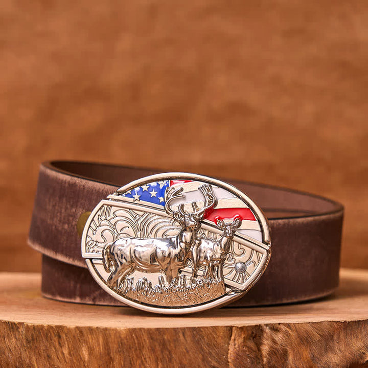Ceinture en cuir pour homme avec couteau pliant dissimulé, motif drapeau américain et cerf émaillé (prévente)
