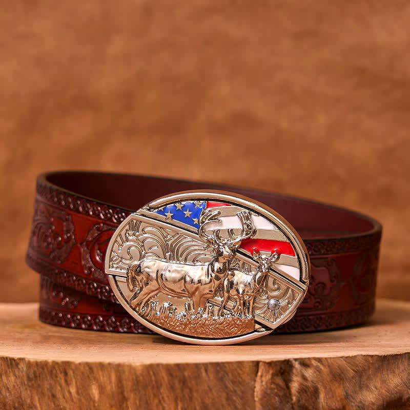 Ceinture en cuir pour homme avec couteau pliant dissimulé, motif drapeau américain et cerf émaillé (prévente)