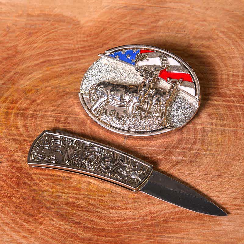 Ceinture en cuir pour homme avec couteau pliant dissimulé, motif drapeau américain et cerf émaillé (prévente)