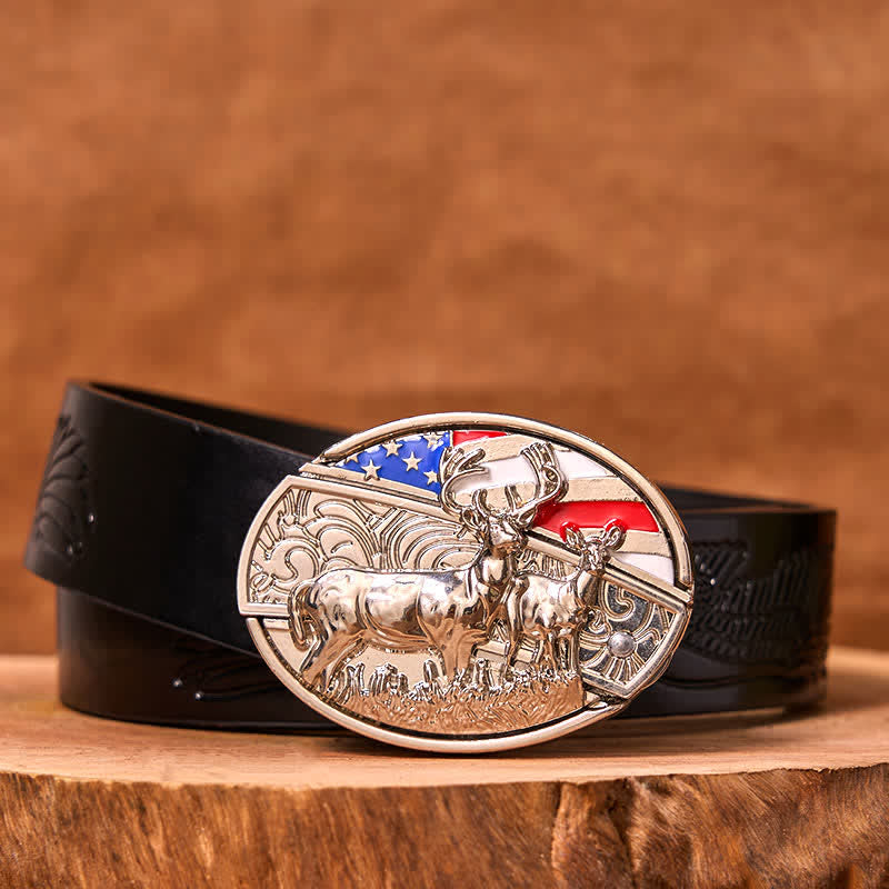 Ceinture en cuir pour homme avec couteau pliant dissimulé, motif drapeau américain et cerf émaillé (prévente)