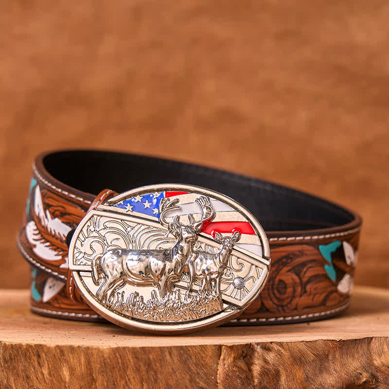 Ceinture en cuir pour homme avec couteau pliant dissimulé, motif drapeau américain et cerf émaillé (prévente)