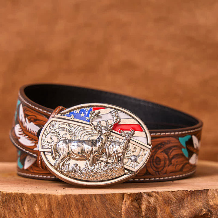Ceinture en cuir pour homme avec couteau pliant dissimulé, motif drapeau américain et cerf émaillé (prévente)