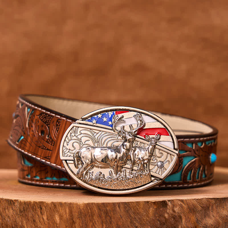 Ceinture en cuir pour homme avec couteau pliant dissimulé, motif drapeau américain et cerf émaillé (prévente)
