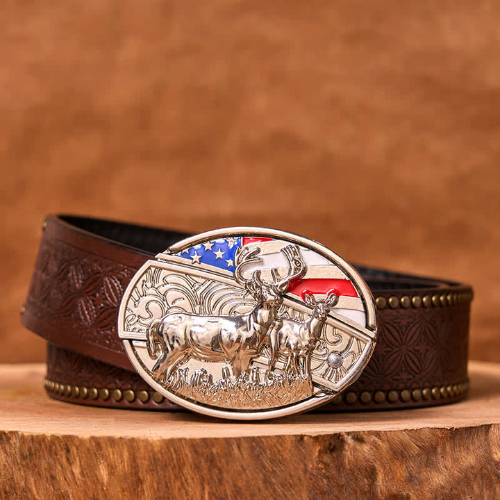 Ceinture en cuir pour homme avec couteau pliant dissimulé, motif drapeau américain et cerf émaillé (prévente)