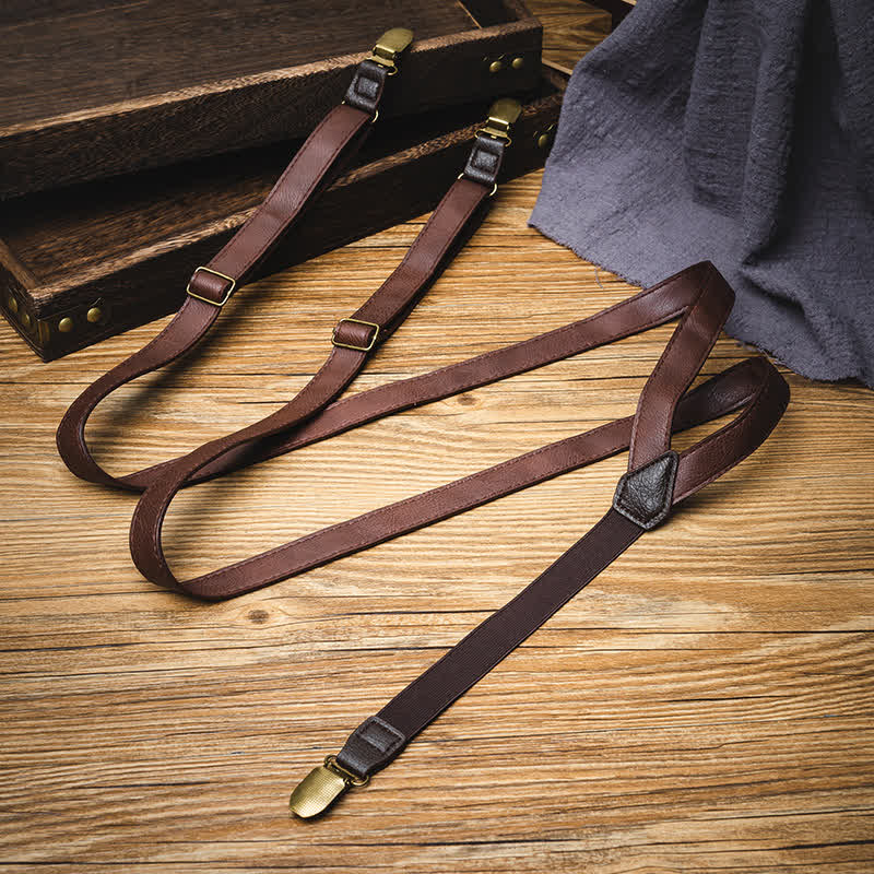 Bretelles réglables en cuir marron foncé vintage
